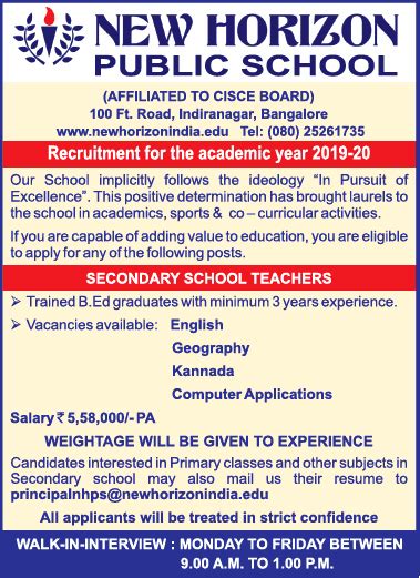 New Horizon Public School Recruitment For School Teachers Ad - Advert ...