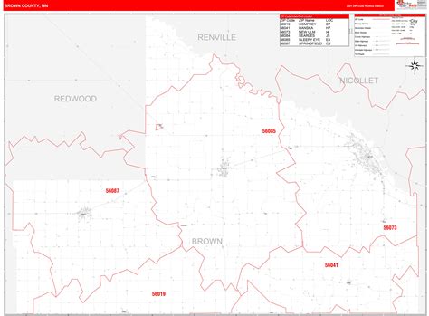 Brown County, MN Zip Code Wall Map Red Line Style by MarketMAPS - MapSales