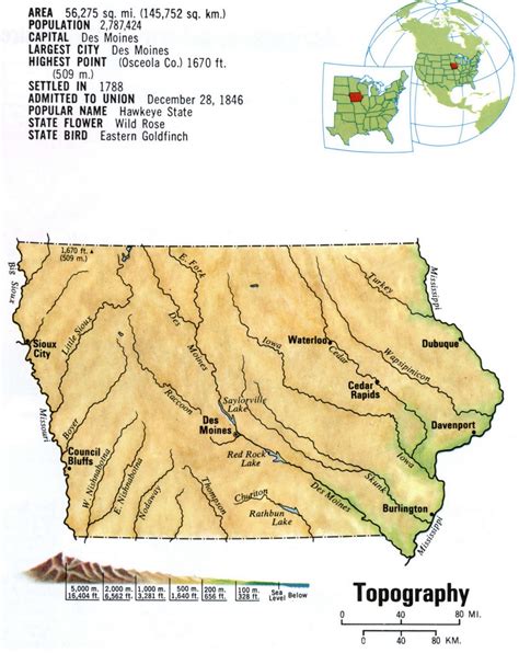 Iowa topography terrain map topographic state large scale free detailed landscape