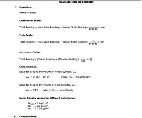 MEASUREMENT OF LENGTHS I. Equations: Vernier Calliper | Chegg.com