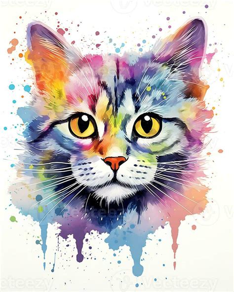 Watercolor painting Colorful Cat Face is shown White Background ...