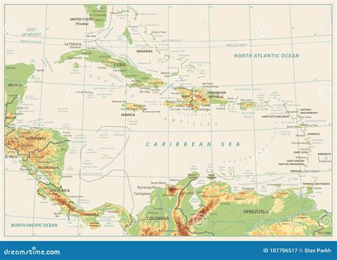 The Caribbean Physical Map. Isolated on Retro White Color Stock Vector - Illustration of ...