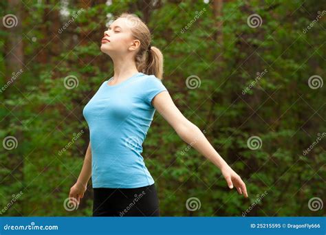 Woman meditating in forest stock image. Image of body - 25215595