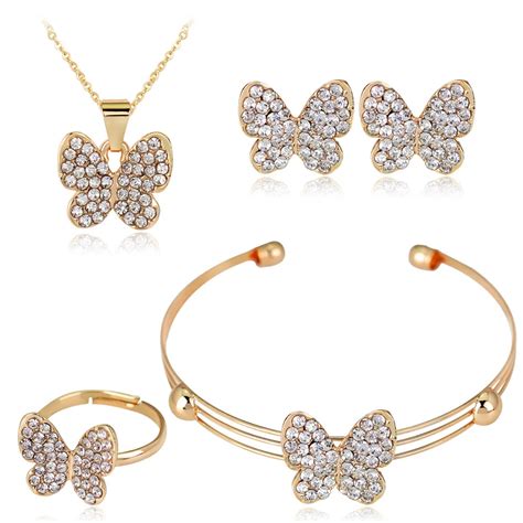 HC Cute Butterfly Girls Kids Jewelry Sets 4pcs Set Fashion Crystal Rhinestones Children Bracelet ...