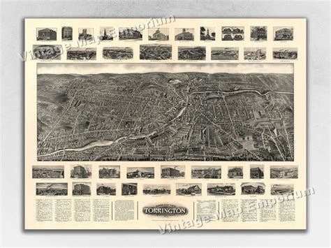 1907 Torrington, Connecticut Map Panoramic Old City Map Historic Birds ...