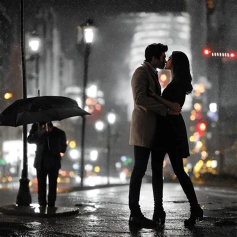 photorealistic romantic couple kissing in the rain i...