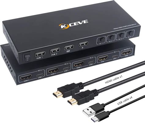 KCEVE 4 Ports KVM Switch, 4 In 1 Out HDMI KVM Switcher Box Support 4K ...