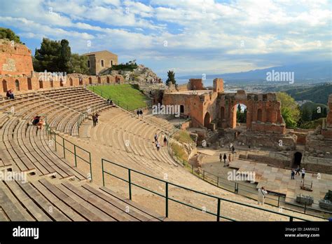 Ancient Greek theatre (Teatro Greco) of Taormina. Teatro antico di Taormina Stock Photo - Alamy