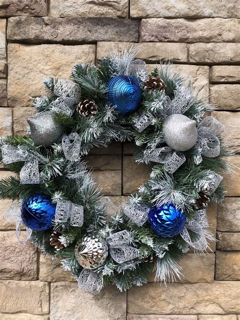 Large Sparkling Navy Blue Silver Holiday Wreath-Ice Blue Navy | Etsy | Faux christmas wreaths ...