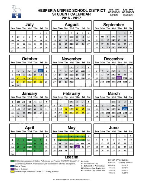 2016 - 2017 Student Calendar | Hesperia Unified School District ...