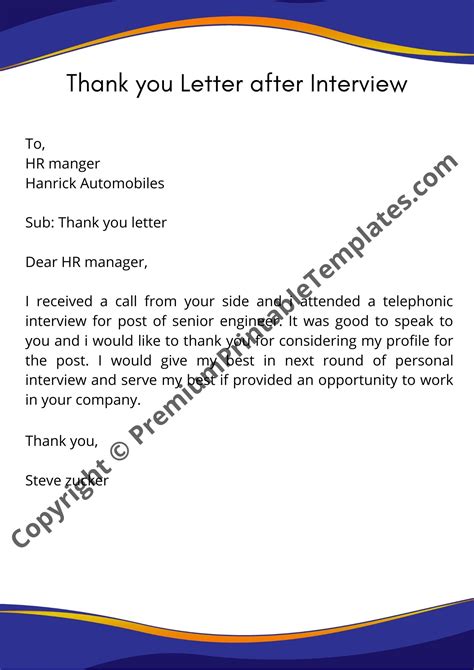 Thank You Letter after Interview Printable Sample with Examples