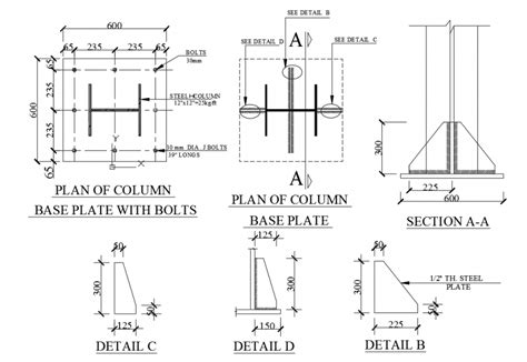 Plan of column base plate with bolts detail - Cadbull