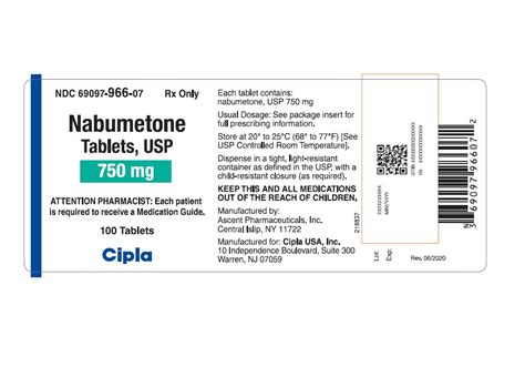 This is a picture of the label Nabumetone tablets, USP, 500 mg, 100 count