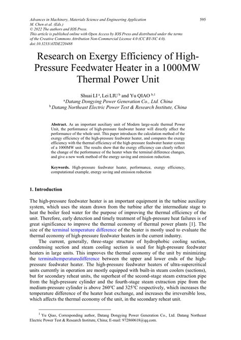 (PDF) Research on Exergy Efficiency of High-Pressure Feedwater Heater in a 1000MW Thermal Power Unit