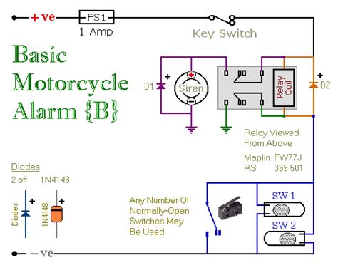 How to build Two Simple Relay Based Motorcycle Alarms - circuit diagram