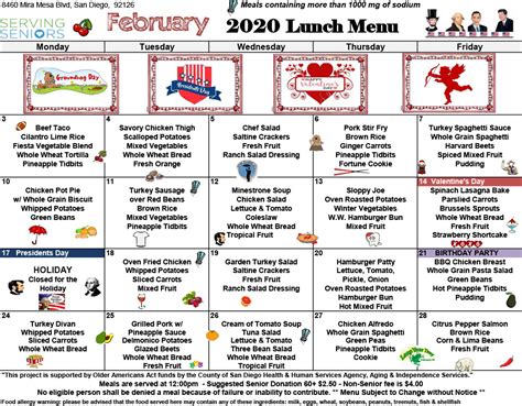 February 2020 Lunch Menu Now Available | Mira Mesa Center