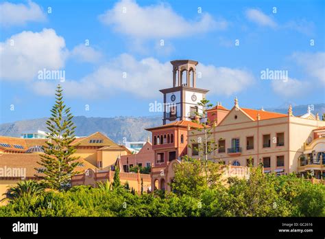 A view of luxury hotels on El Duque beach in Costa Adeje holiday resort, Canary Islands, Spain ...