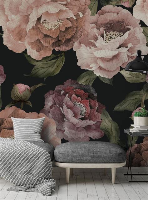 Bloom Flower Mural Wallpaper Dark Watercolor Floral Wall - Etsy ...