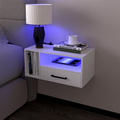 Homaterial Floating Nightstand with Charging Station and LED Lights ...