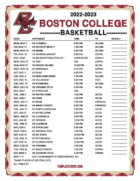 Printable 2022-2023 Boston College Eagles Basketball Schedule