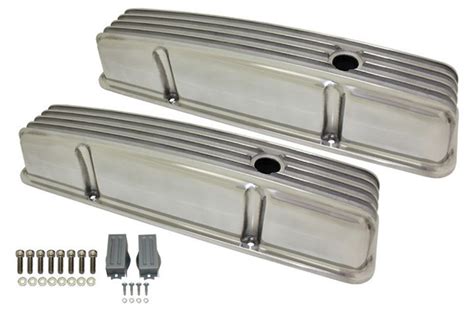 1958-86 SBC Chevy Polished Aluminum Finned Valve Covers Set w Hole Tall ...