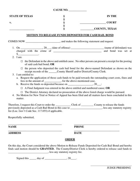 Texas Motion to Release Funds Deposited for Cash Bail Bond - Fill Out ...