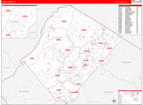 Sussex County, NJ Zip Code Wall Map Red Line Style by MarketMAPS - MapSales