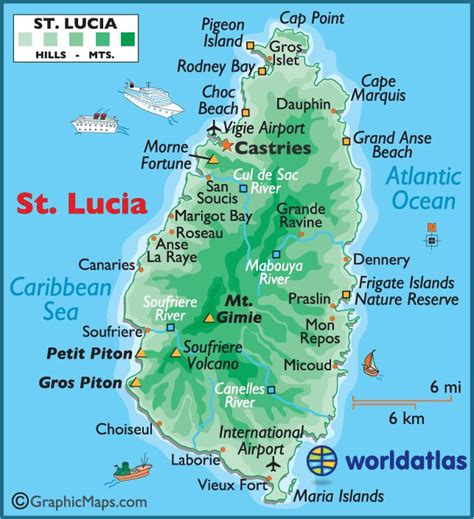 a map of st lucia with the capital and major cities on it's side