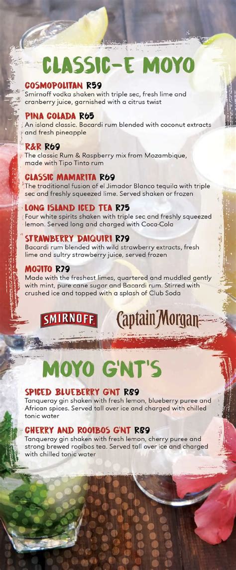 Menu at Moyo restaurant, Johannesburg, Zoo Lake Park