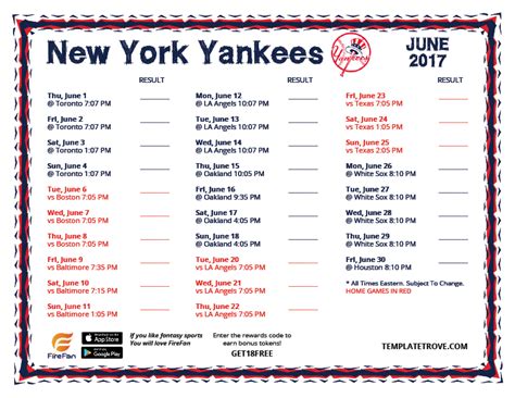 Printable 2017 New York Yankees Schedule