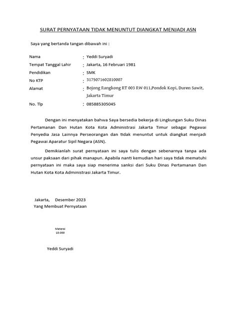 Surat Pernyataan Tidak Menuntut Diangkat Menjadi Asn Yeddi | PDF