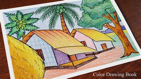 How to draw Village Scenery with pencil colour step by step | Courtyard ...