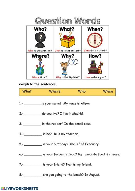 Wh-questions - Interactive worksheet | Wh questions worksheets, English ...