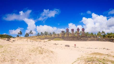 Moais of Ahu Nau Nau in Anakena Beach in Easter Island, Chile Stock Image - Image of paises ...