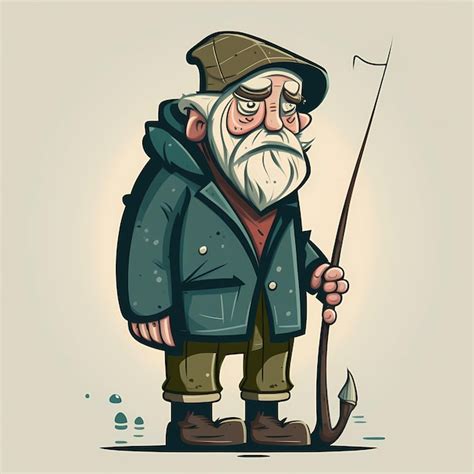 Premium AI Image | Old fisherman standing with fishing pole cartoon character illustration