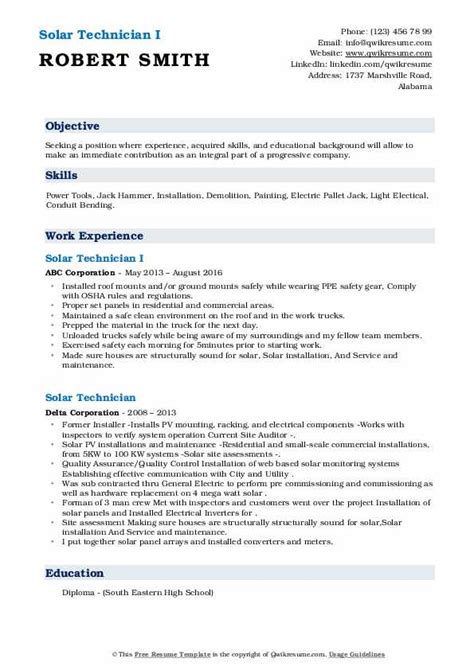 Solar Technician Resume Samples | QwikResume