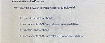 Answered: Current Attempt in Progress Why is acetyl-CoA considered a high energy molecule? O It ...