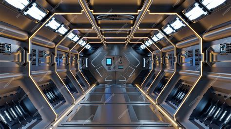 Premium Photo | Science background fiction interior rendering sci-fi spaceship corridors yellow ...