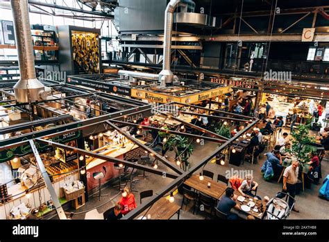 Oslo, Norway - August 11, 2019: View of Mathallen Oslo, a food market in Grunerlokka, with cafes ...