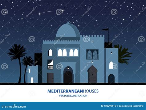 Night View of Mediterranean, Arabic or Moroccan Style Houses Stock ...