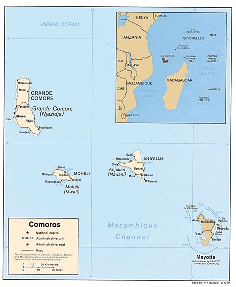 Detailed political map of Comoros and Mayotte with roads. Comoros and Mayotte political map with ...