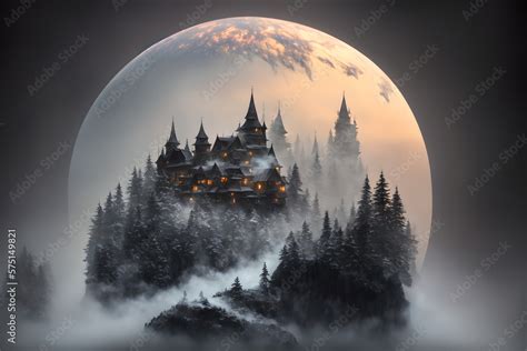 Beautiful frozen northern night landscape with castle and houses at hill's slope during bliszard ...