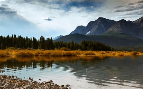 Canada Alberta, autumn mountains forest lake, blue sky clouds wallpaper ...