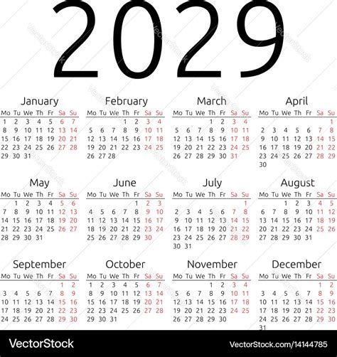 Simple calendar 2029 monday Royalty Free Vector Image