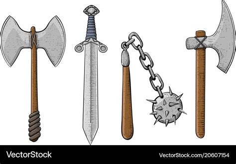 Old viking weapons - ax sword flail spiked Vector Image