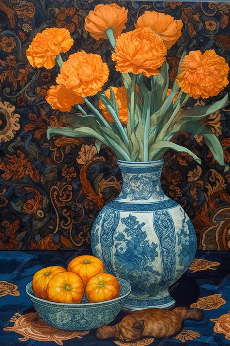 Premium AI Image | A blue and white vase with orange flowers in it