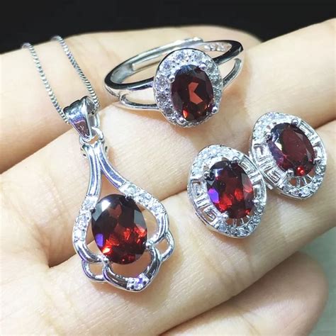 100% Natural Oval Cut Red Garnet 925 Sterling Silver Jewelry Sets Rings+Earrings+Necklace for ...