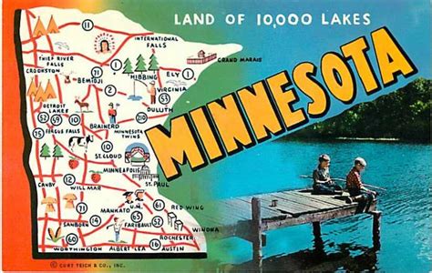 Minnesota MN Land of 10,000 Lakes Map Chrome Postcard | United States - Minnesota - Other ...