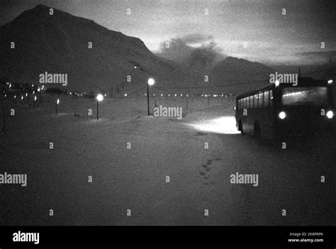 1969 Svalbard, Longyearbyen. A bus runs in the polar night in Longyearbyen. Photo: Sverre A ...