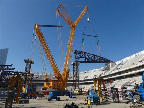 Sarens Liebherr LR 11350 crawler crane sets the Roof at "Arena Nanterre ...